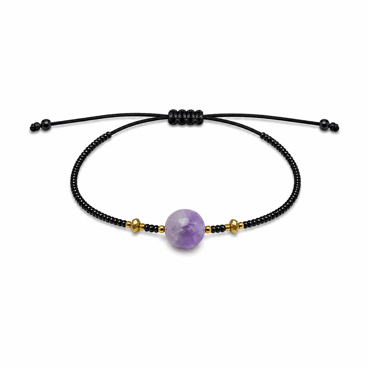 Pulsera Ajustable de Amatista con Mostacillas Negras