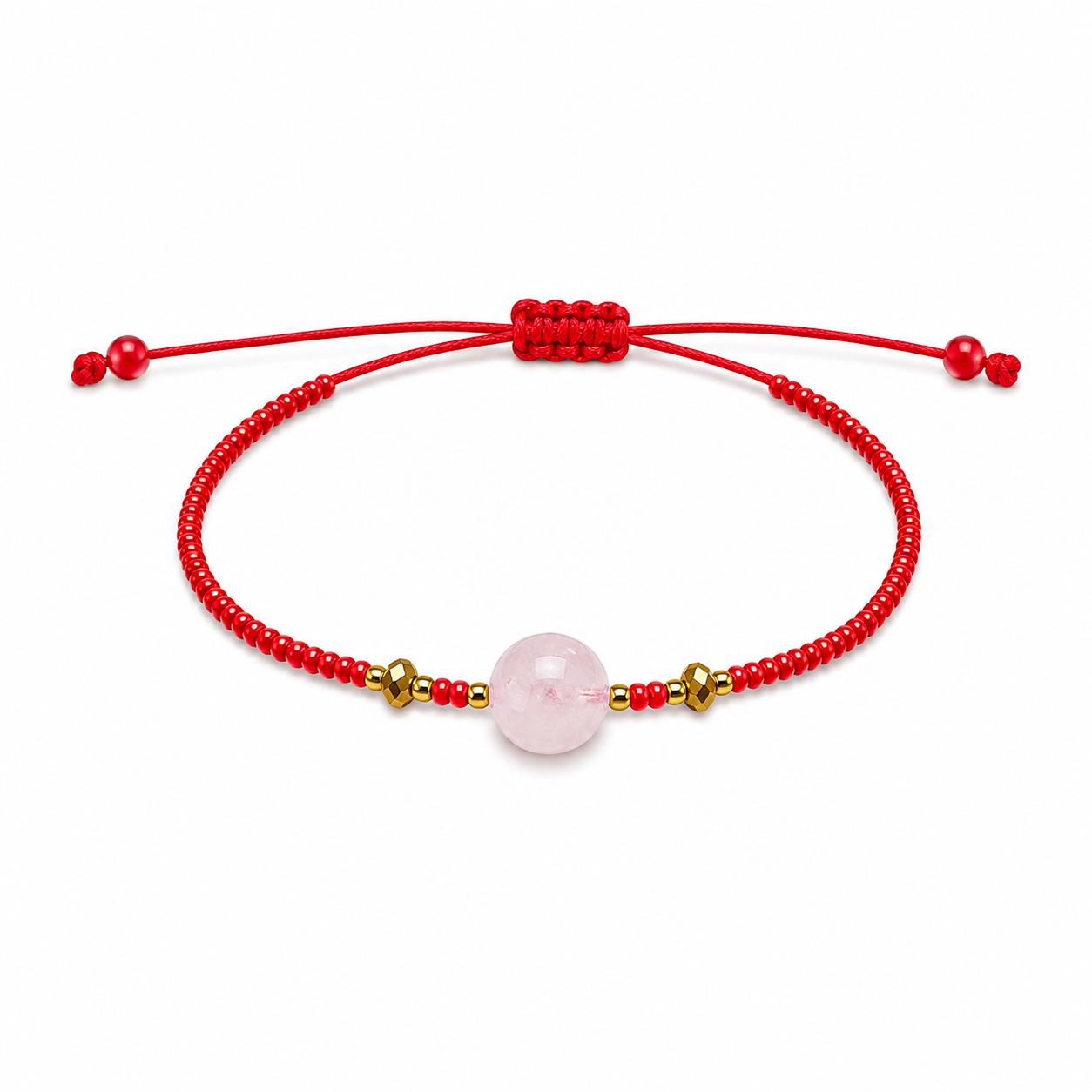 Pulsera Ajustable de Cuarzo Rosa con Mostacillas Rojas