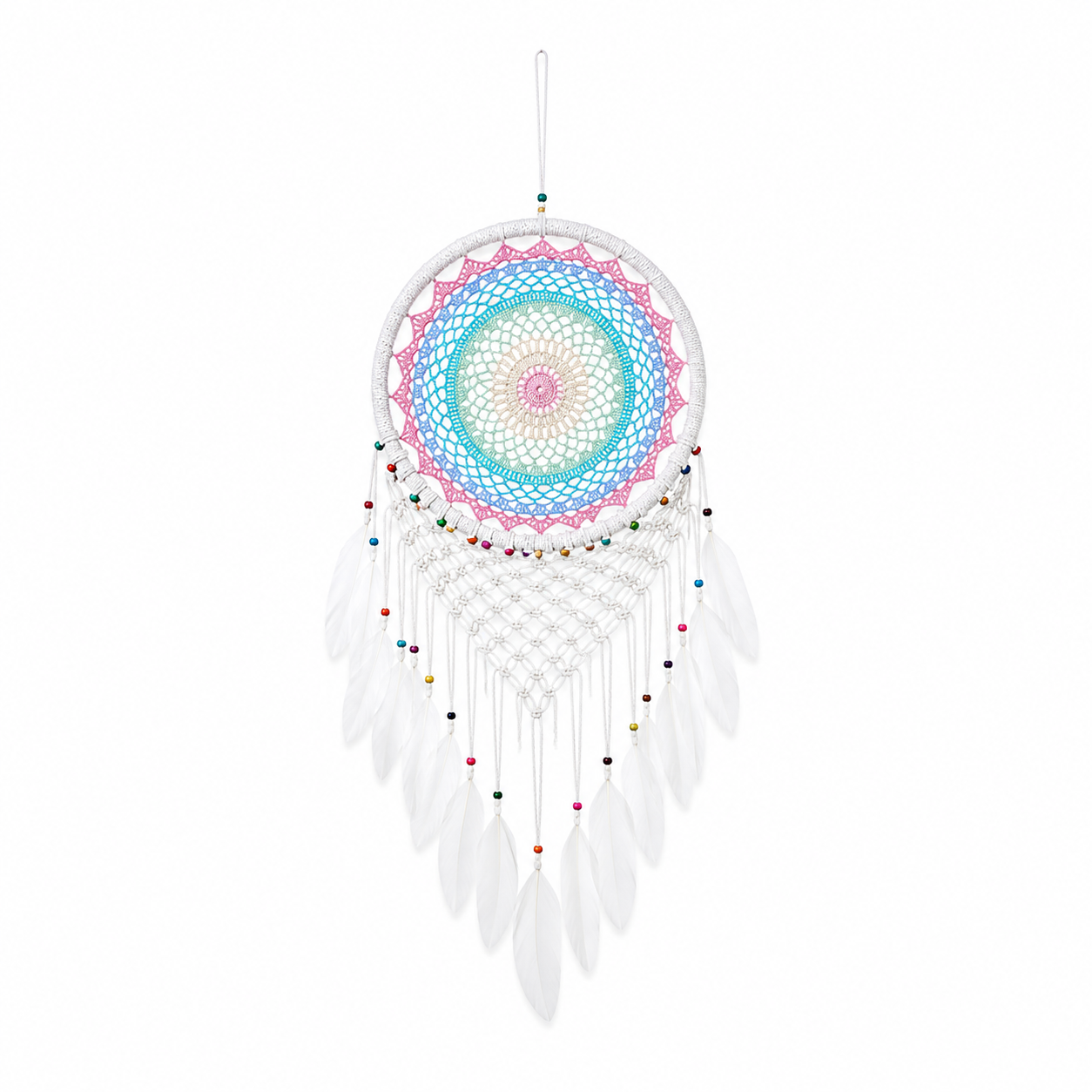 Atrapasueños Grande Blanco con Mandala en Colores Pastel y Plumas