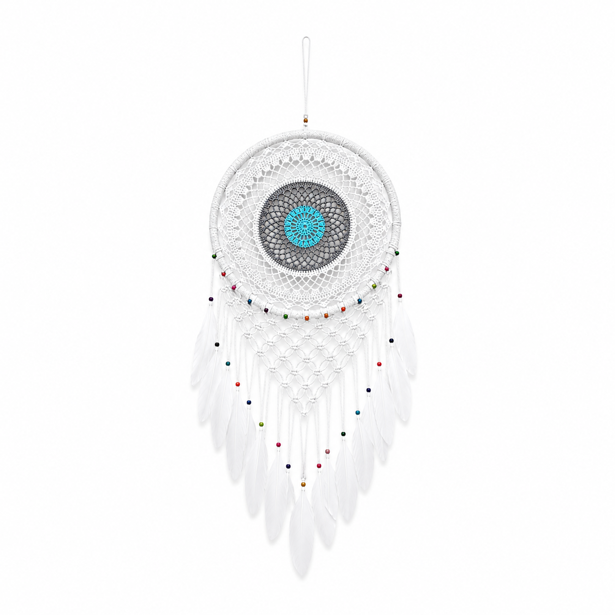 Atrapasueños Grande Blanco con Mandala Azul y Plumas