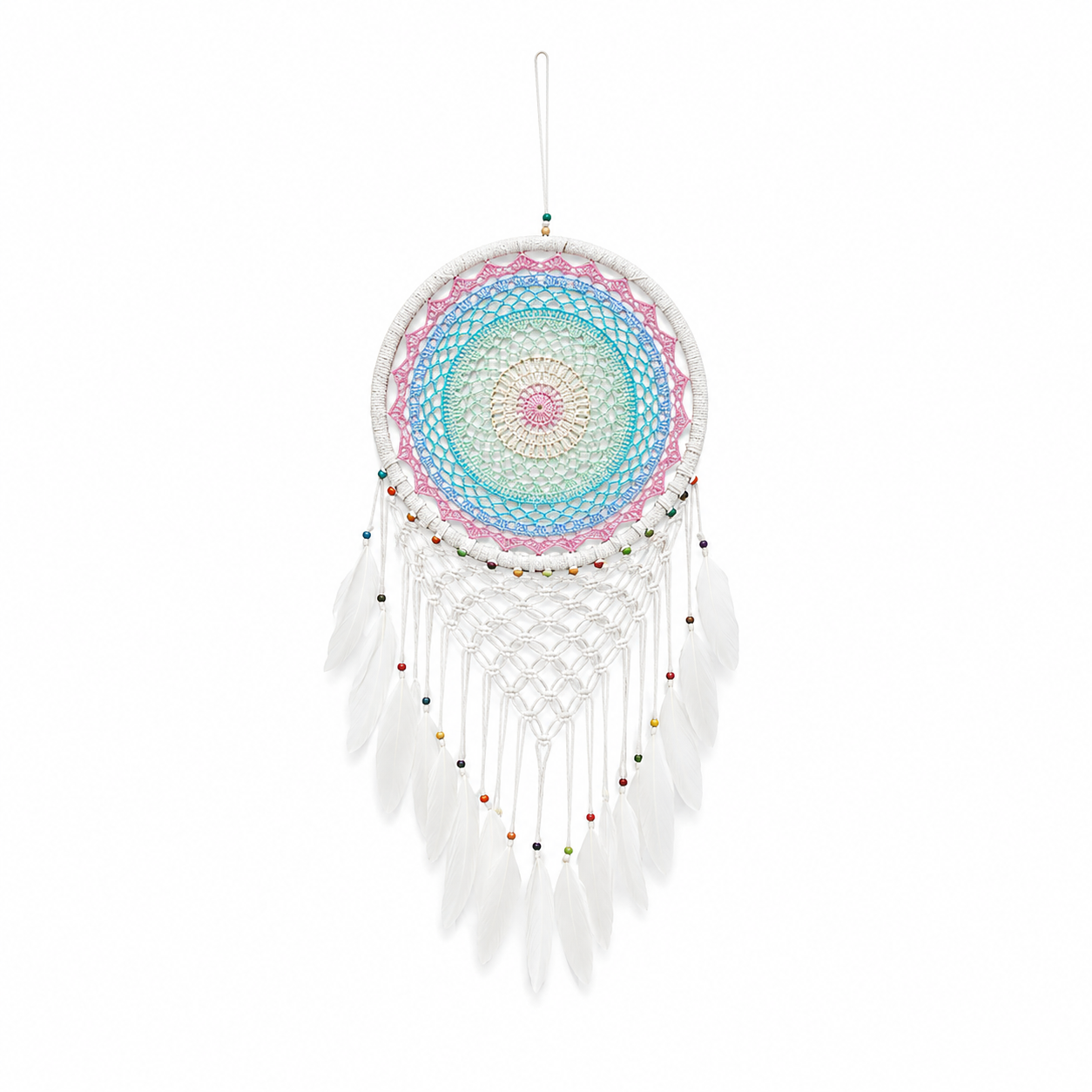 Atrapasueños Grande Mandala en Colores Pastel con Plumas Blancas