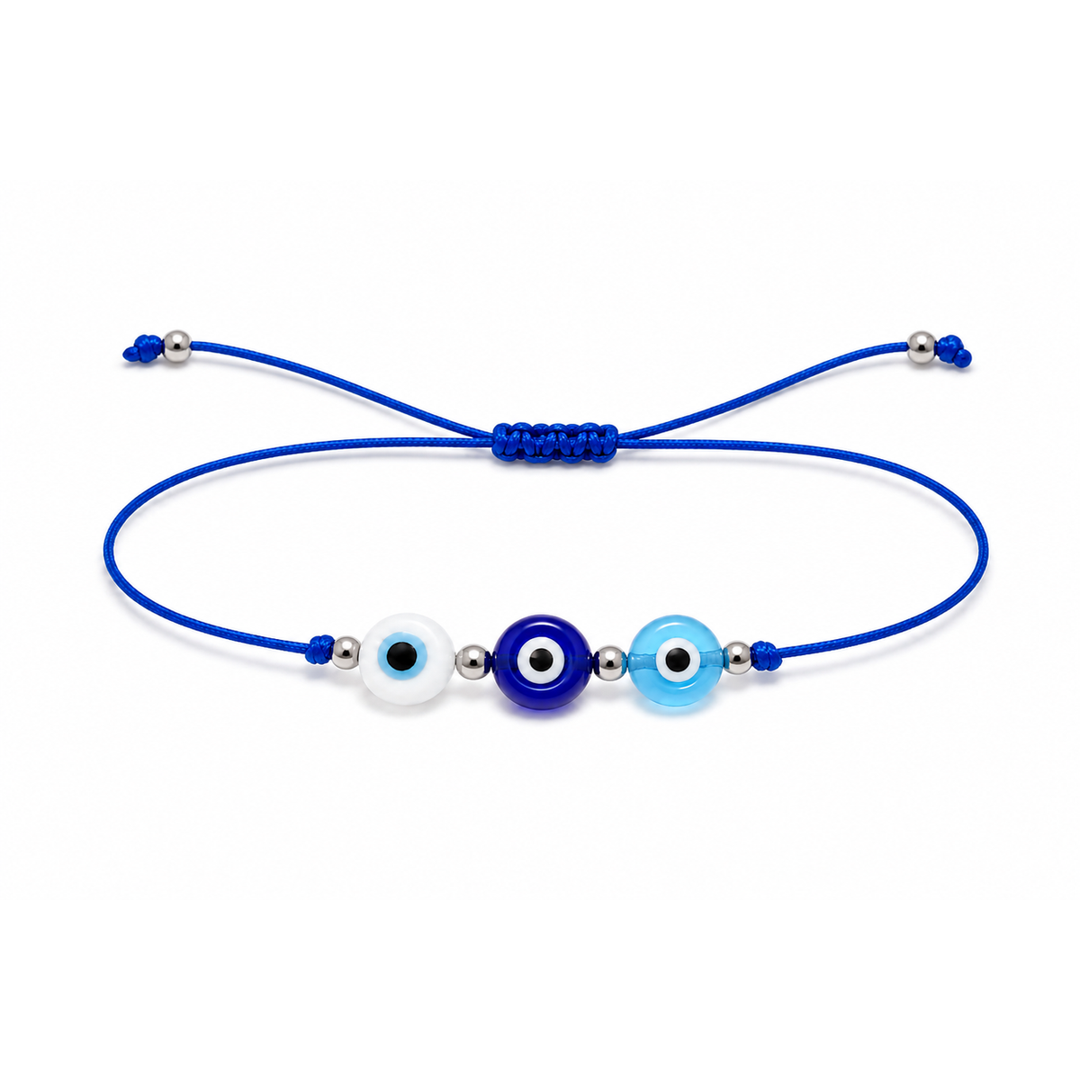 Pulsera Ajustable de Tres Ojos Turcos con Hilo Azul – Amuleto de Protección y Buena Energía