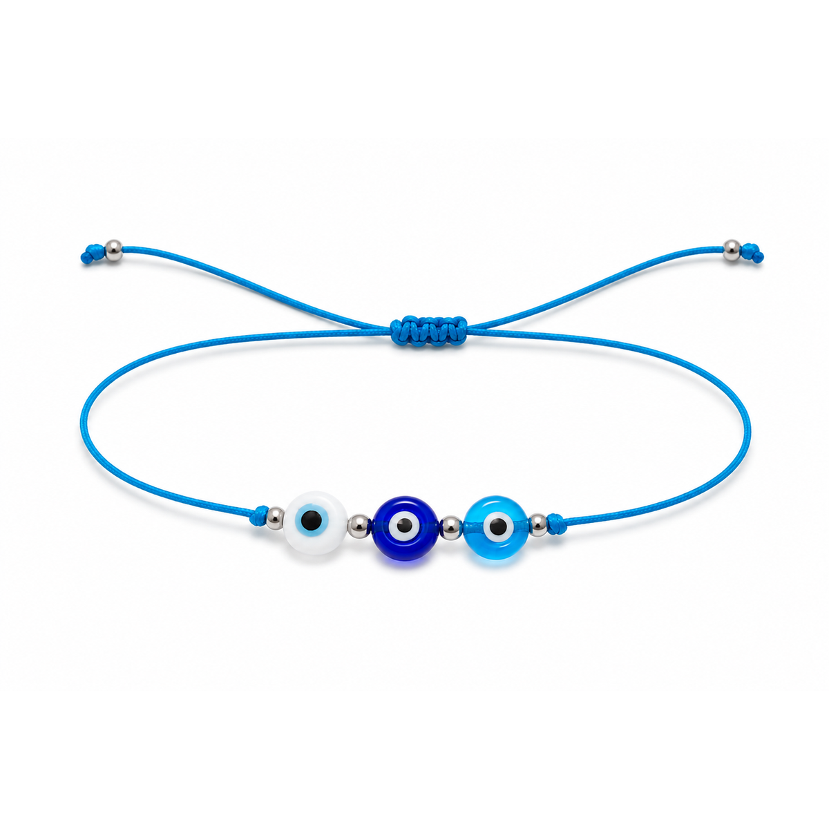 Pulsera Ajustable de Tres Ojos Turcos con Hilo Celeste – Amuleto de Protección y Buena Energía