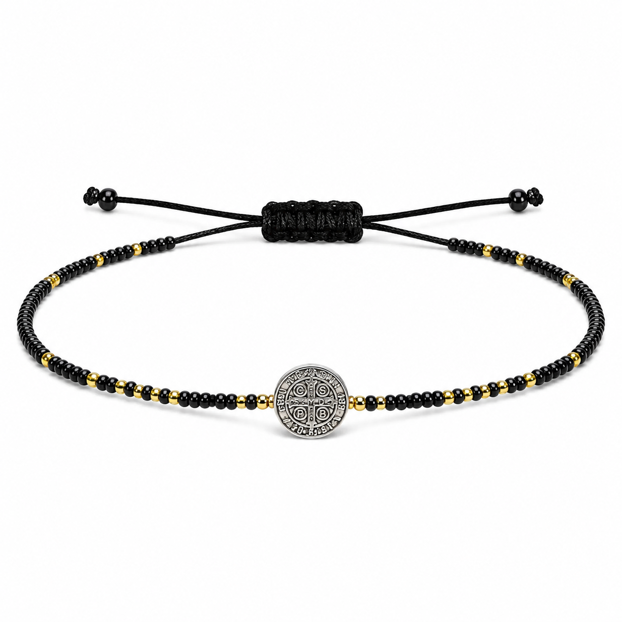 Pulsera Ajustable de San Benito con Mostacillas Negras – Amuleto de Protección