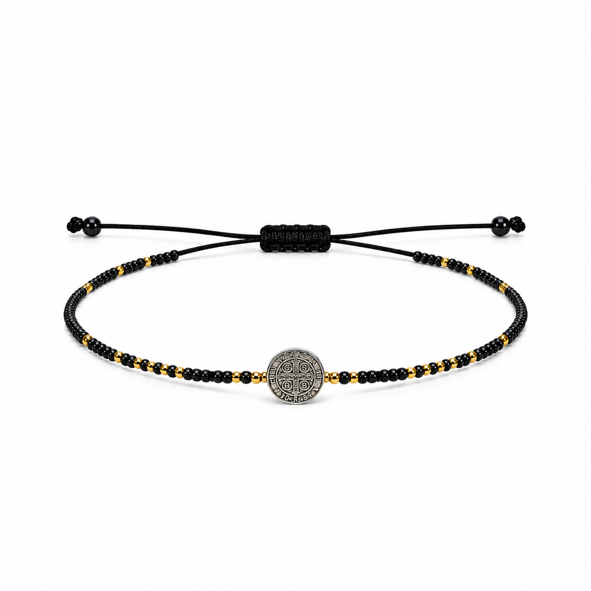 Pulsera Ajustable de San Benito con Mostacillas Negras – Amuleto de Protección