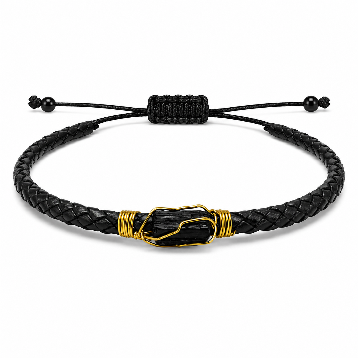 Pulsera Ajustable de Turmalina Negra Natural con Cuero Trenzado – Piedra de Protección