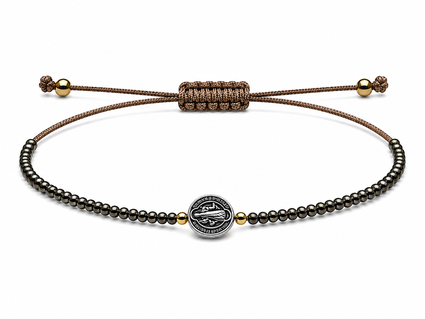 Pulsera Ajustable de San Benito con Mostacillas Marrones  – Medalla de Protección