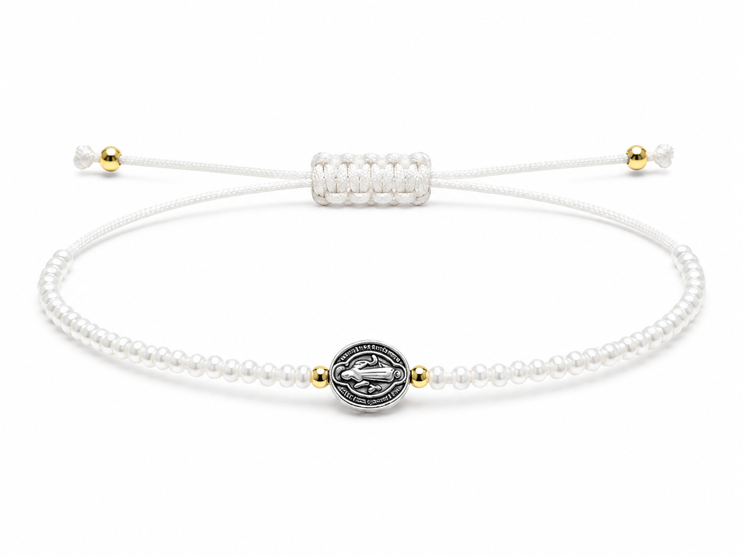 Pulsera Ajustable de San Benito con Mostacillas Blancas – Medalla de Protección