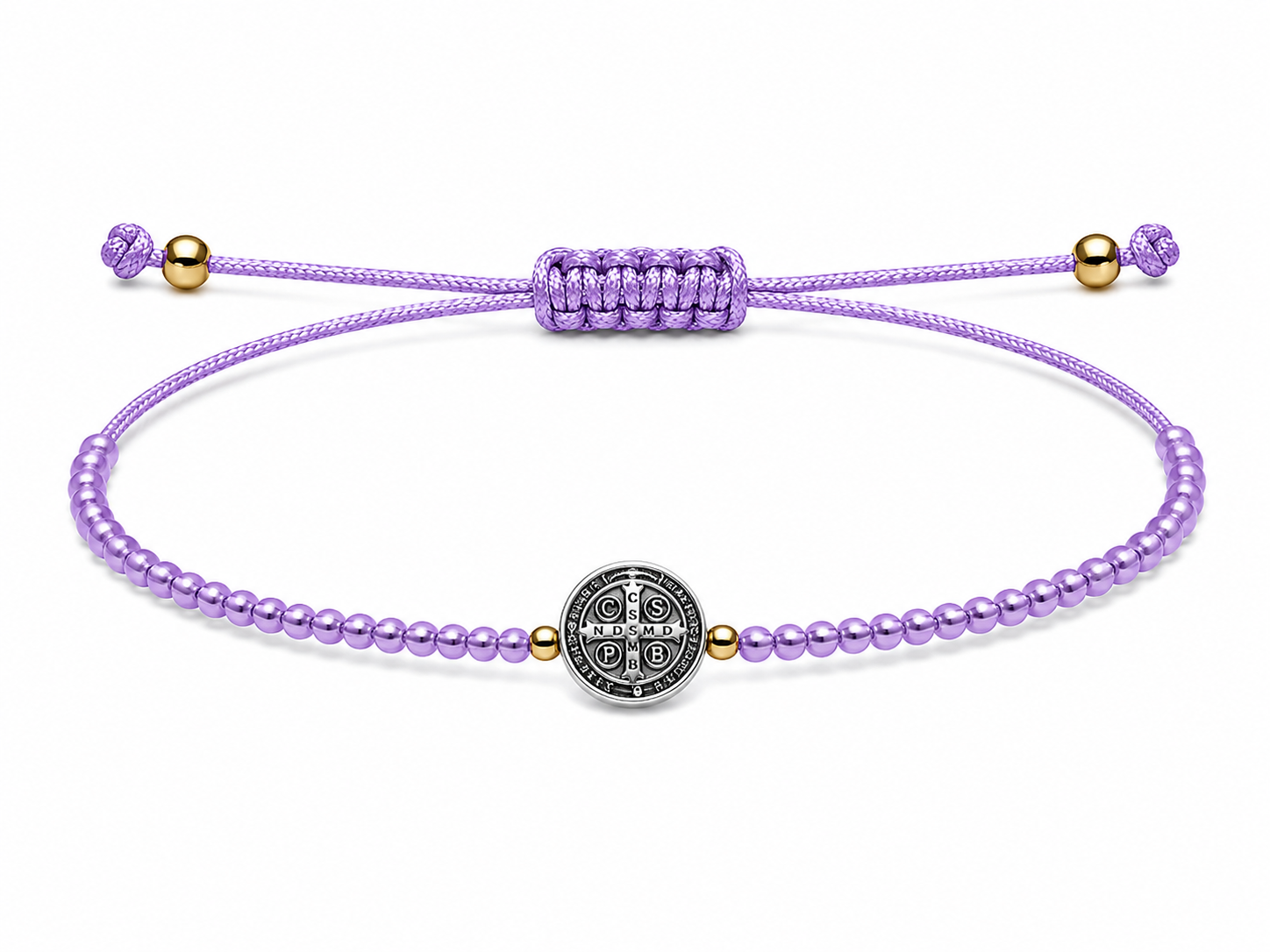 Pulsera Ajustable de San Benito con Mostacillas Lila – Medalla de Protección
