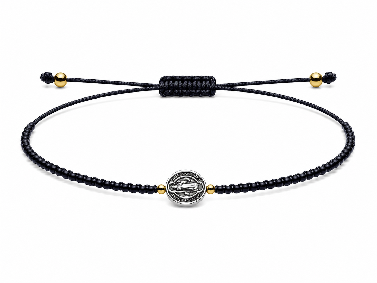 Pulsera Ajustable de San Benito con Mostacillas Negras  – Medalla de Protección