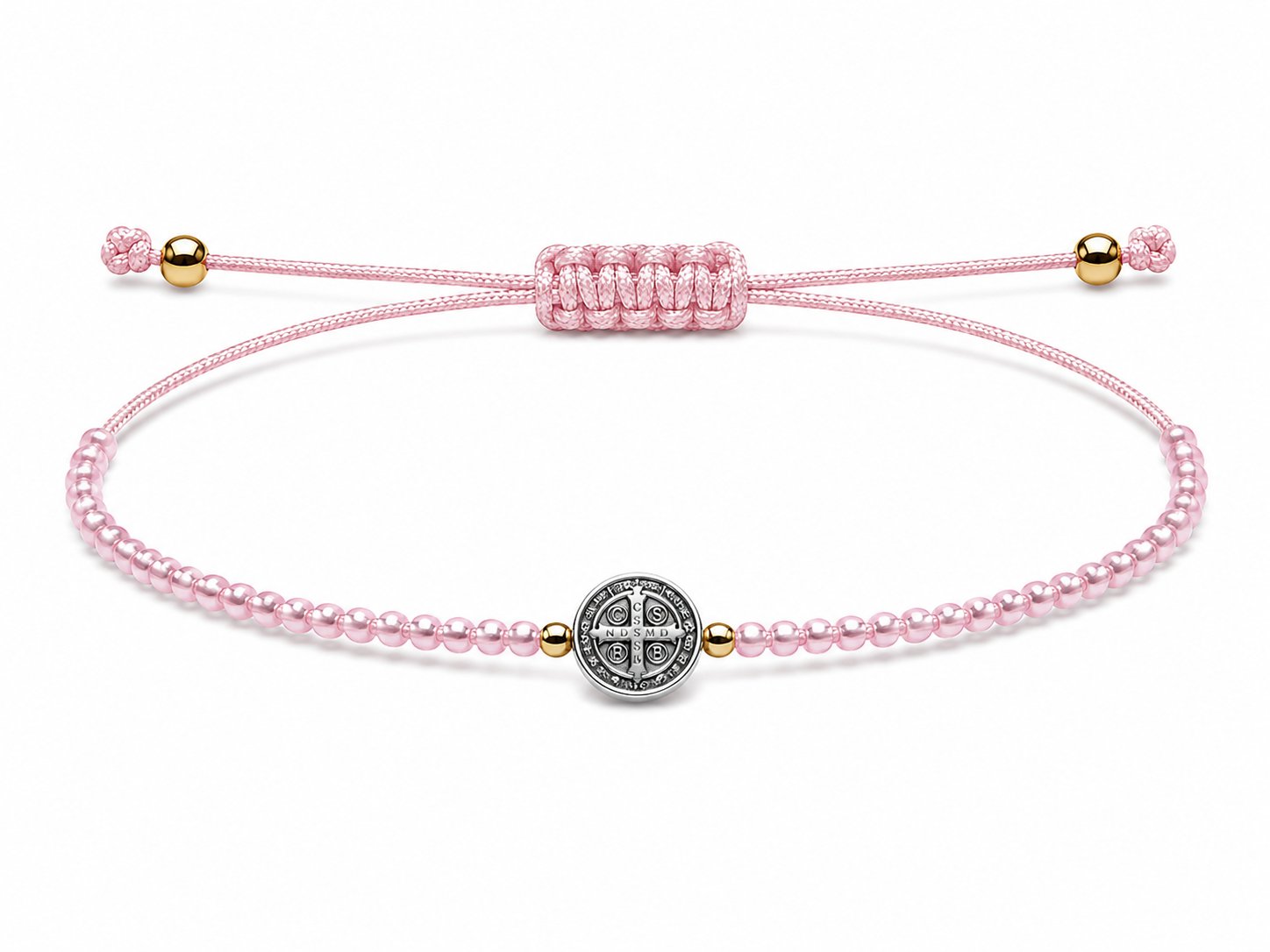 Pulsera Ajustable de San Benito con Mostacillas Rosadas – Medalla de Protección