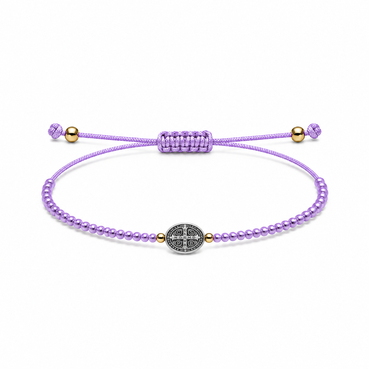 Pulsera Ajustable de San Benito con Mostacillas Lila – Medalla de Protección