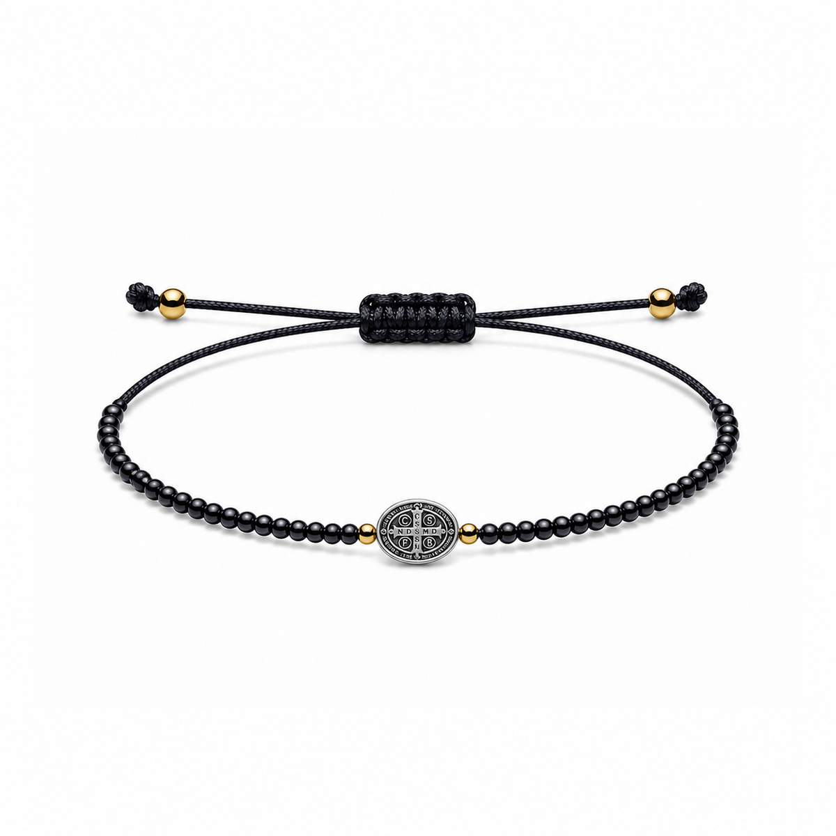 Pulsera Ajustable de San Benito con Mostacillas Negras  – Medalla de Protección