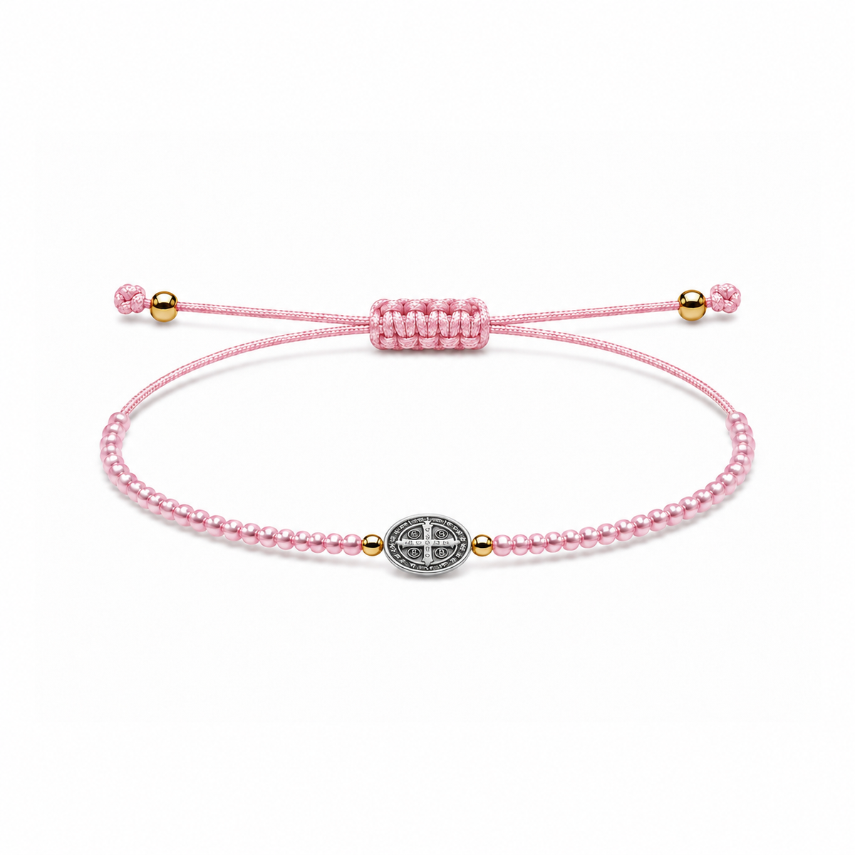 Pulsera Ajustable de San Benito con Mostacillas Rosadas – Medalla de Protección