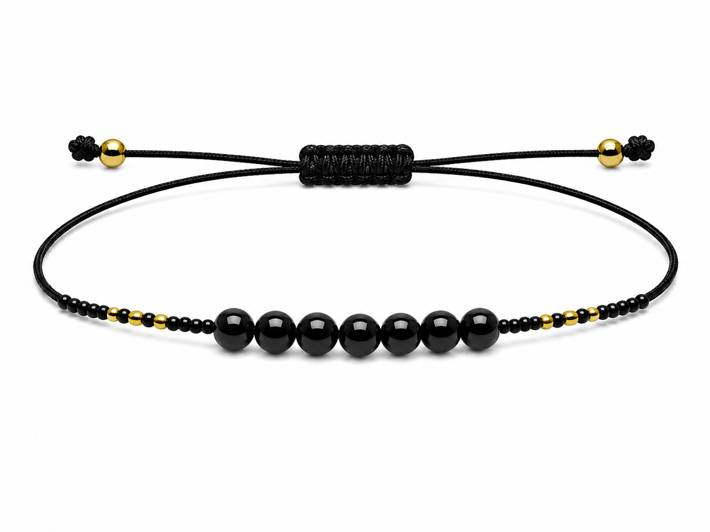 Pulsera Ajustable de Obsidiana con Mostacillas Negras y Doradas