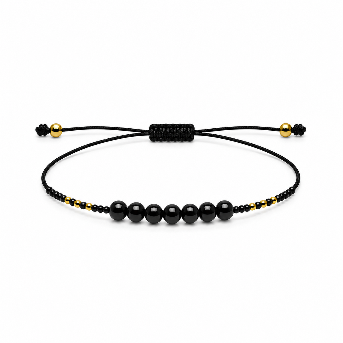 Pulsera Ajustable de Obsidiana con Mostacillas Negras y Doradas