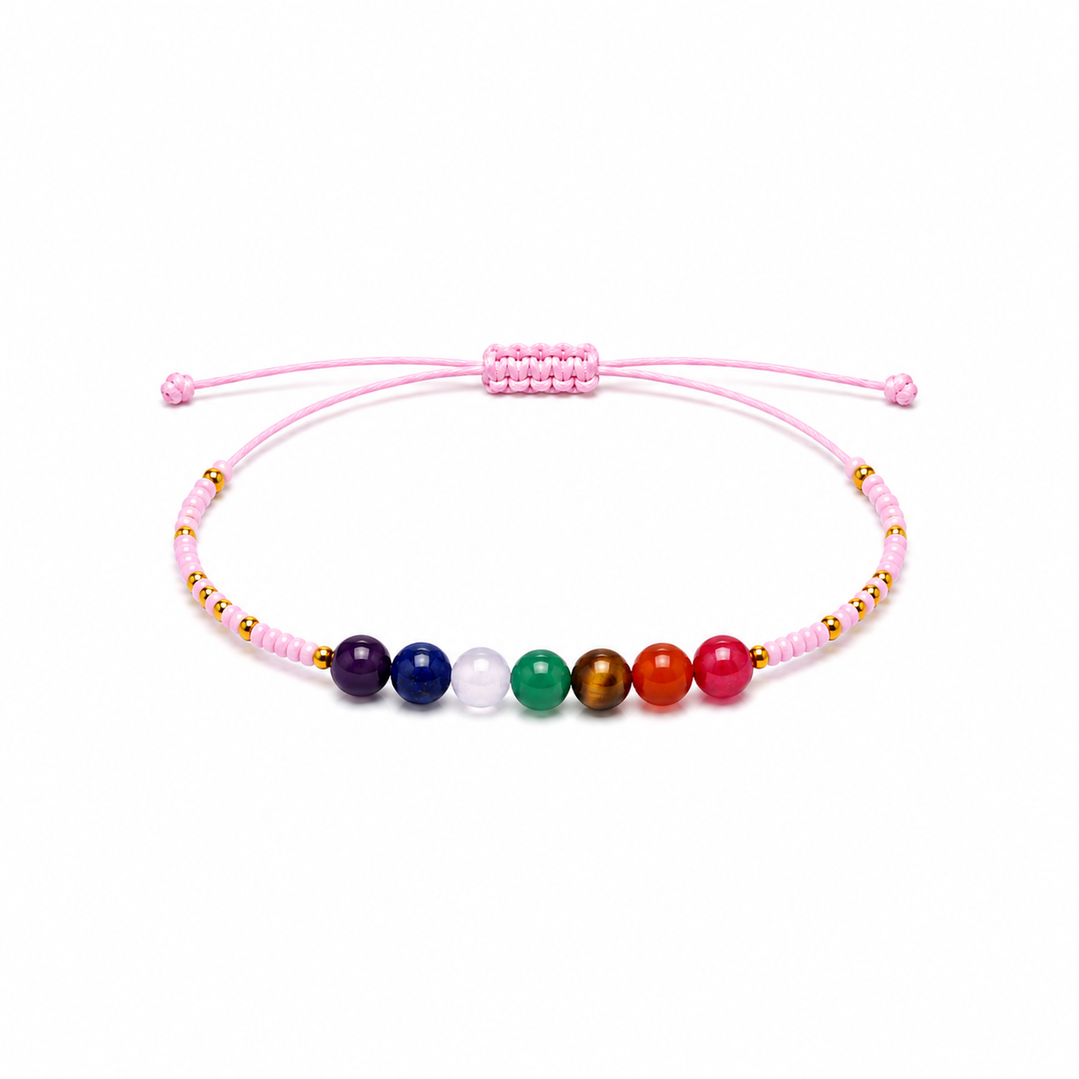 Pulsera Ajustable de los 7 Chakras con Mostacillas Rosadas