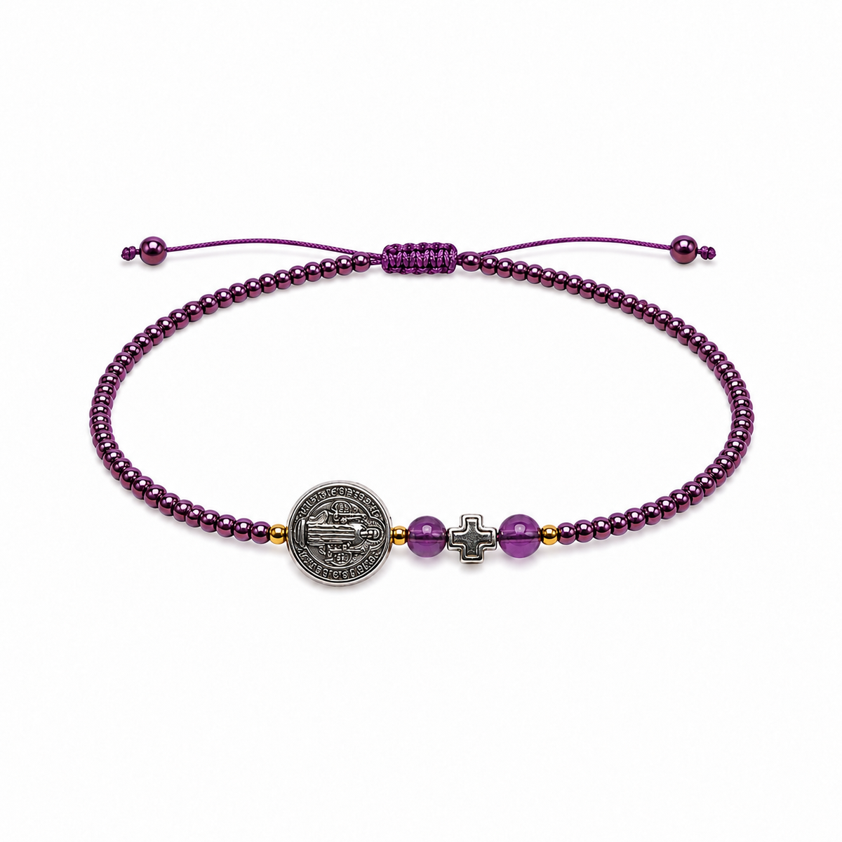 Pulsera Ajustable de San Benito con Cruz y Mostacillas Fucsia