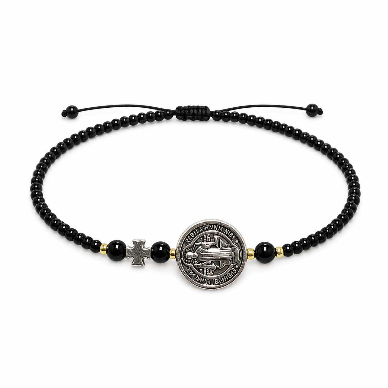 Pulsera Ajustable de San Benito con Cruz y Mostacillas Negras