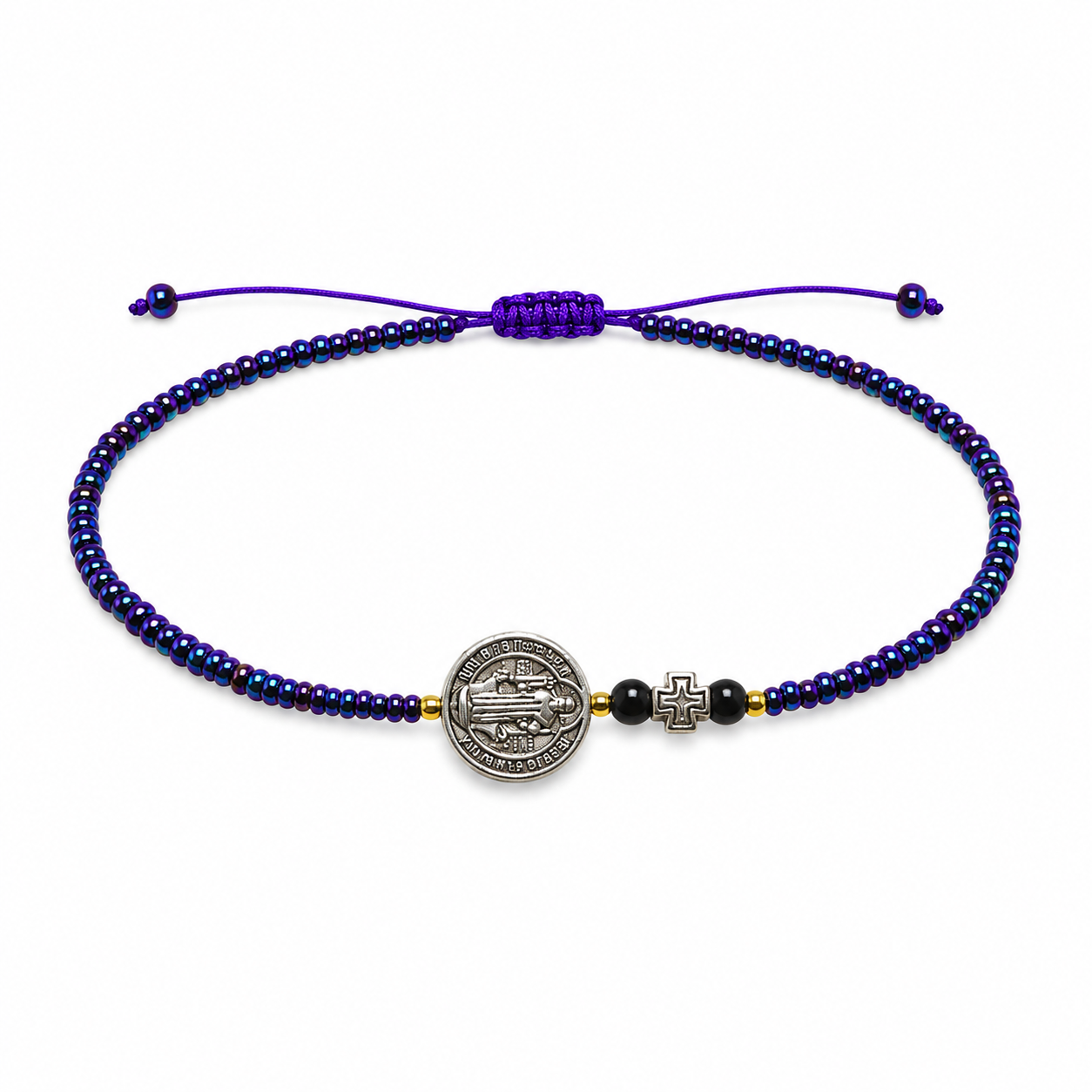 Pulsera Ajustable de San Benito con Cruz y Mostacillas Tornasol Azul-Morado