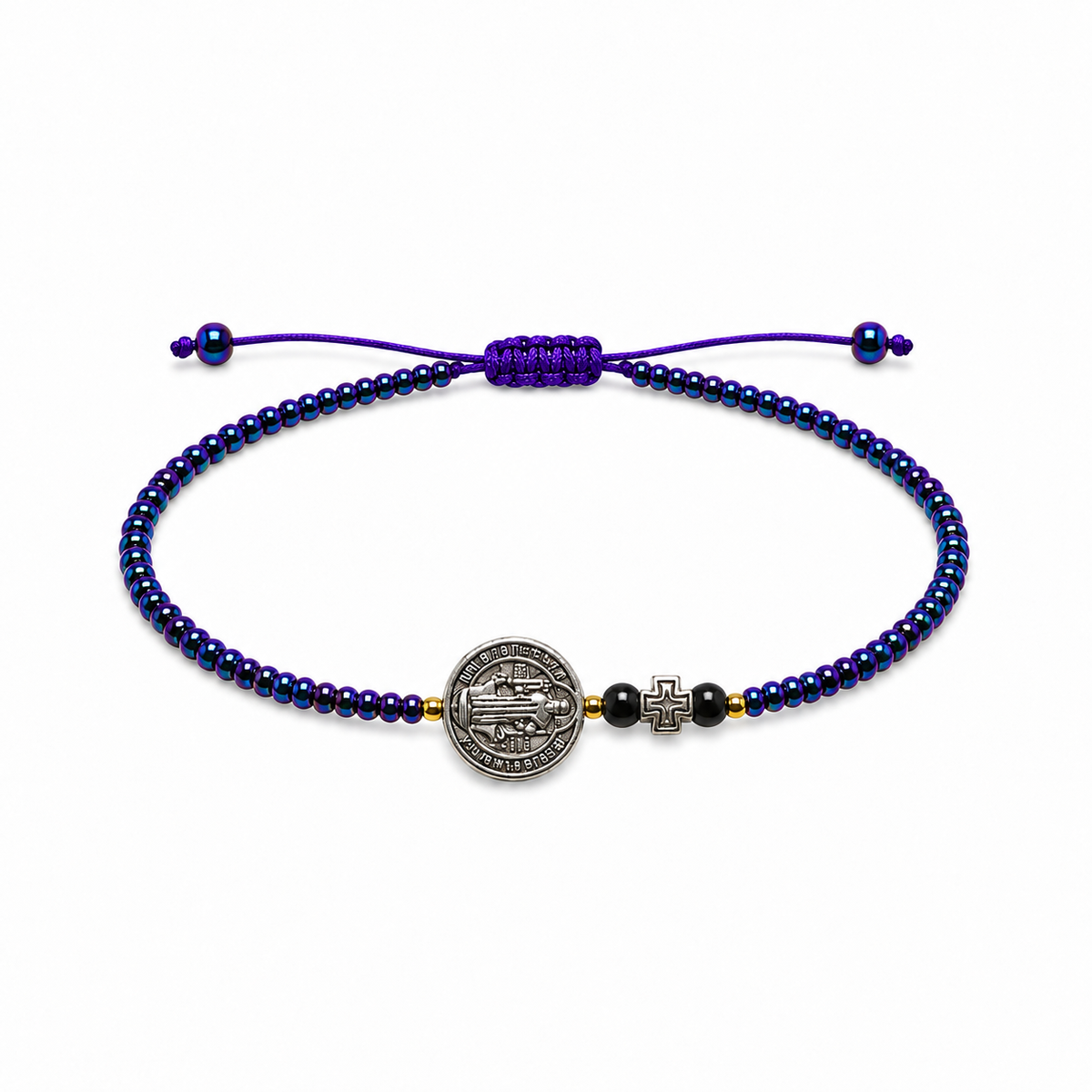 Pulsera Ajustable de San Benito con Cruz y Mostacillas Tornasol Azul-Morado