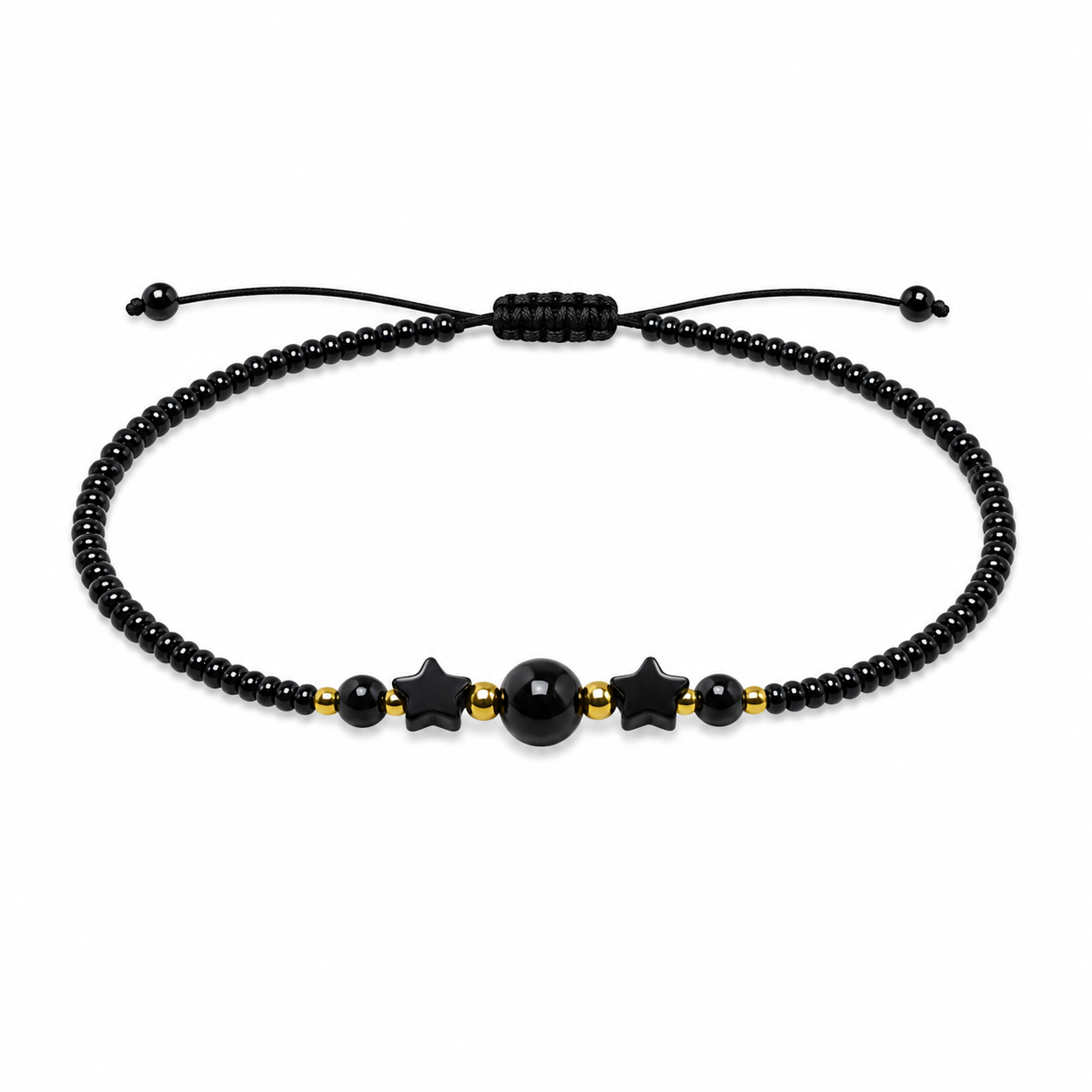 Pulsera Ajustable con Obsidiana, Onix y Mostasillas Negras