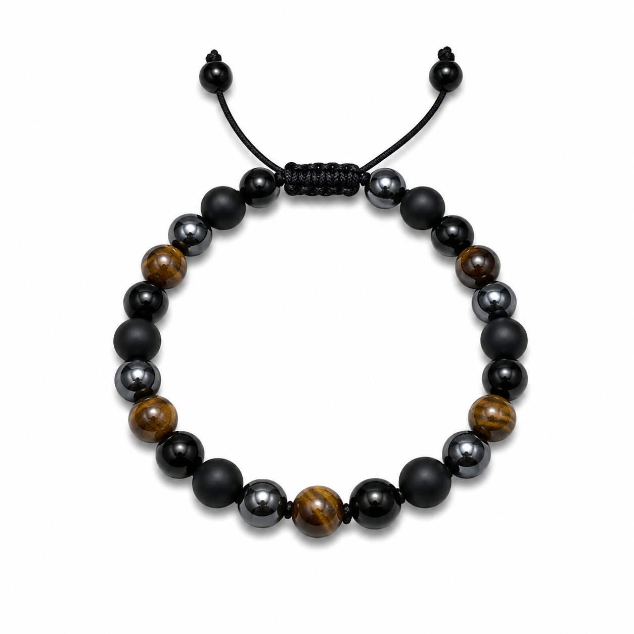 Pulsera Ajustable con Ojo de Tigre, Hematita y Murano Negro
