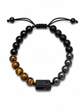 Pulsera Ajustable con Turmalina Negra, Ojo de Tigre, Hematita y Murano Negro