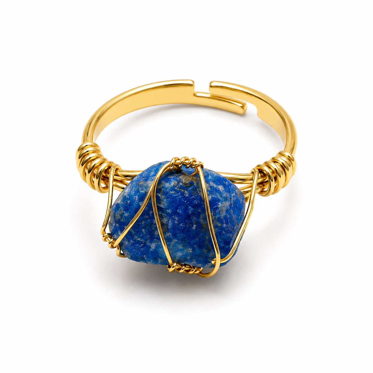 Anillo Ajustable Dorado con Apatita Azul en Bruto