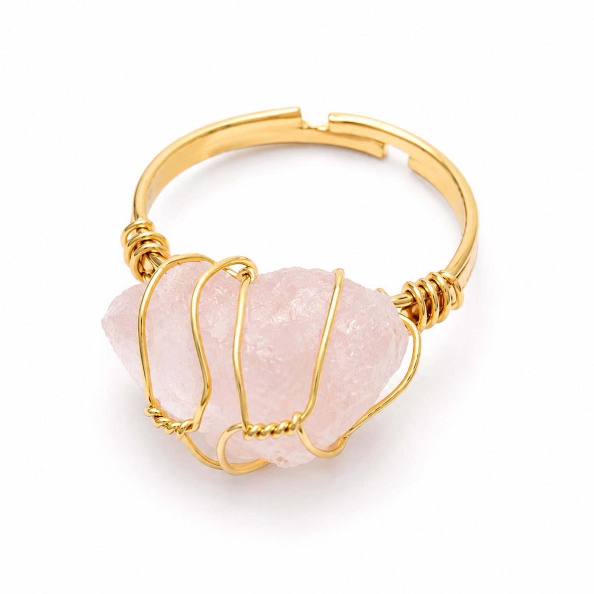 Anillo Ajustable Dorado con Cuarzo Rosa en Bruto
