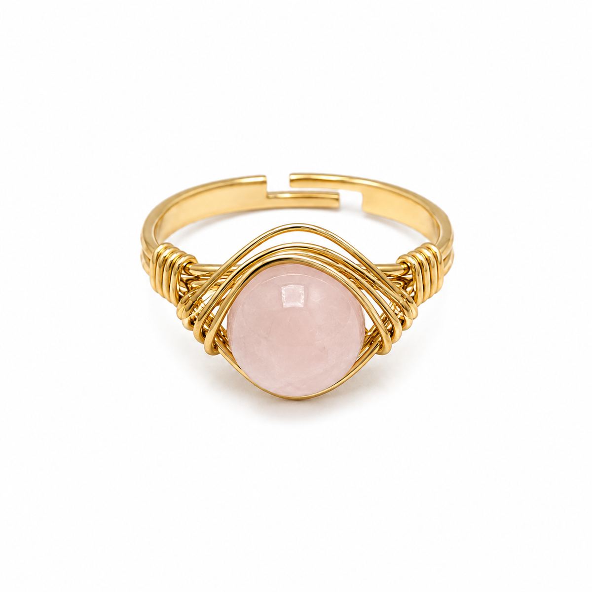 Anillo Ajustable Dorado con Cuarzo Rosa Natural