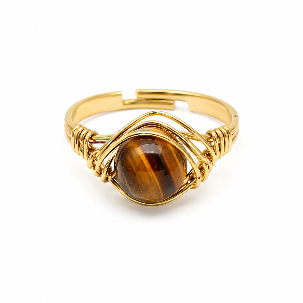 Anillo Ajustable Dorado con Ojo de Tigre Natural