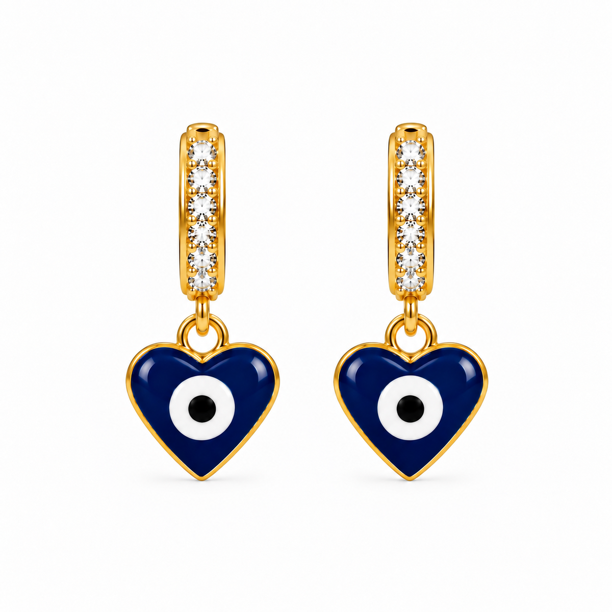 Aretes de Acero Dorado Ojo Turco Azul en Forma de Corazón con Brillantes para Protección