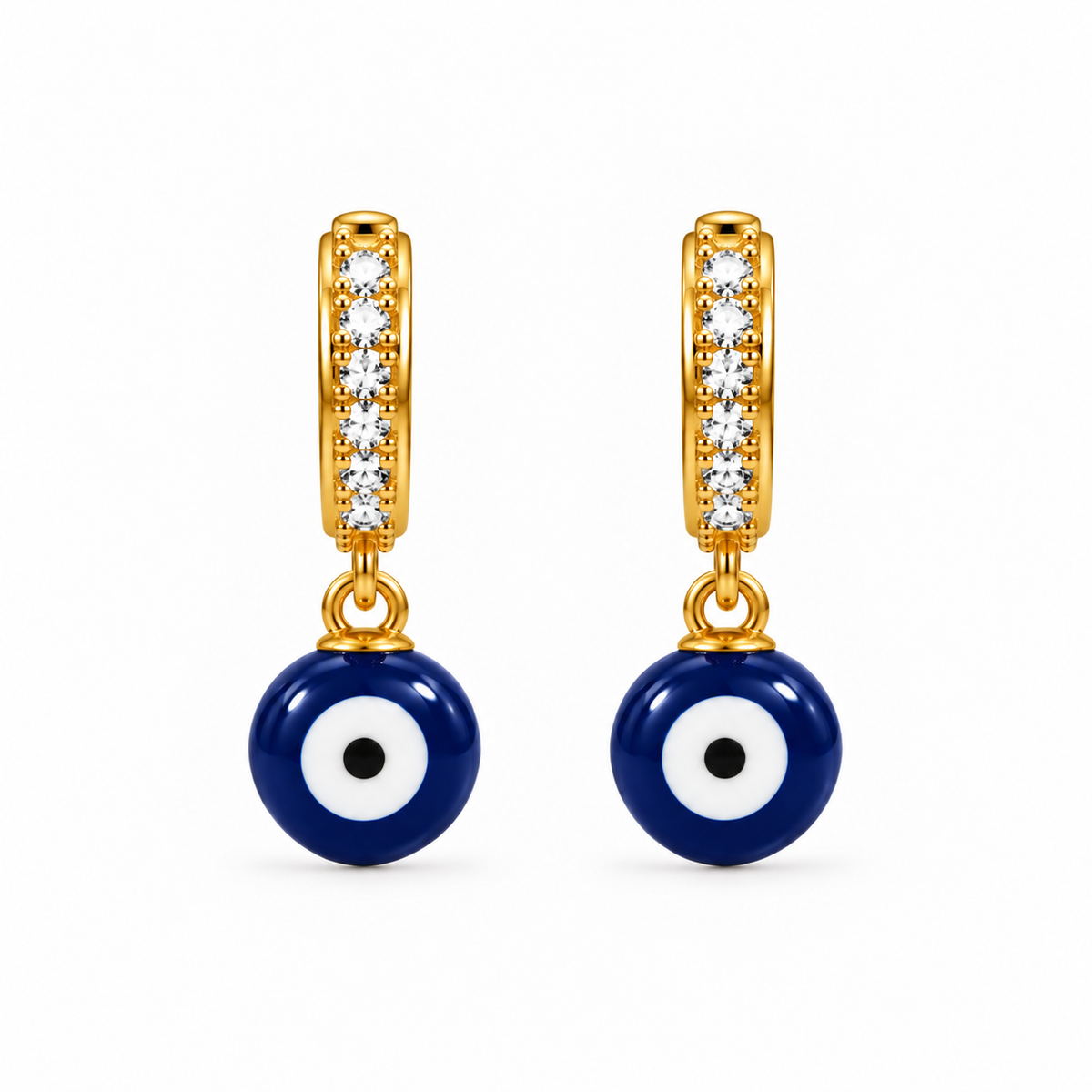 Aretes de Acero Dorado con Brillantes y Ojo Turco Azul para Protección