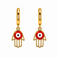 Aretes de Acero Dorado Mano de Hamsa con Ojo Turco Rojo para Protección