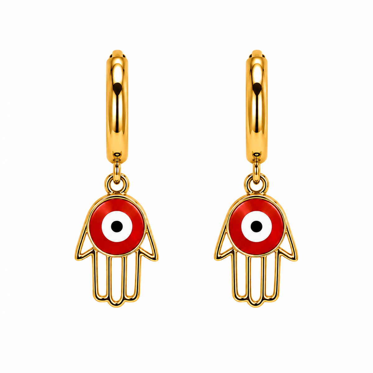 Aretes de Acero Dorado Mano de Hamsa con Ojo Turco Rojo para Protección