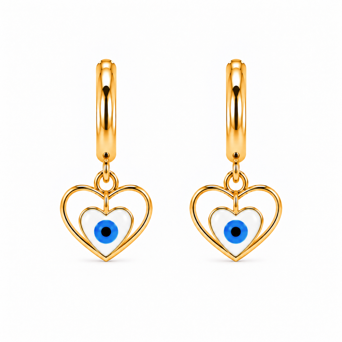 Aretes de Acero Dorado Ojo Turco Blanco en Forma de Corazón para Protección