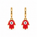 Aretes de Acero Dorado Mano Hamsa Roja con Ojo Turco para Protección
