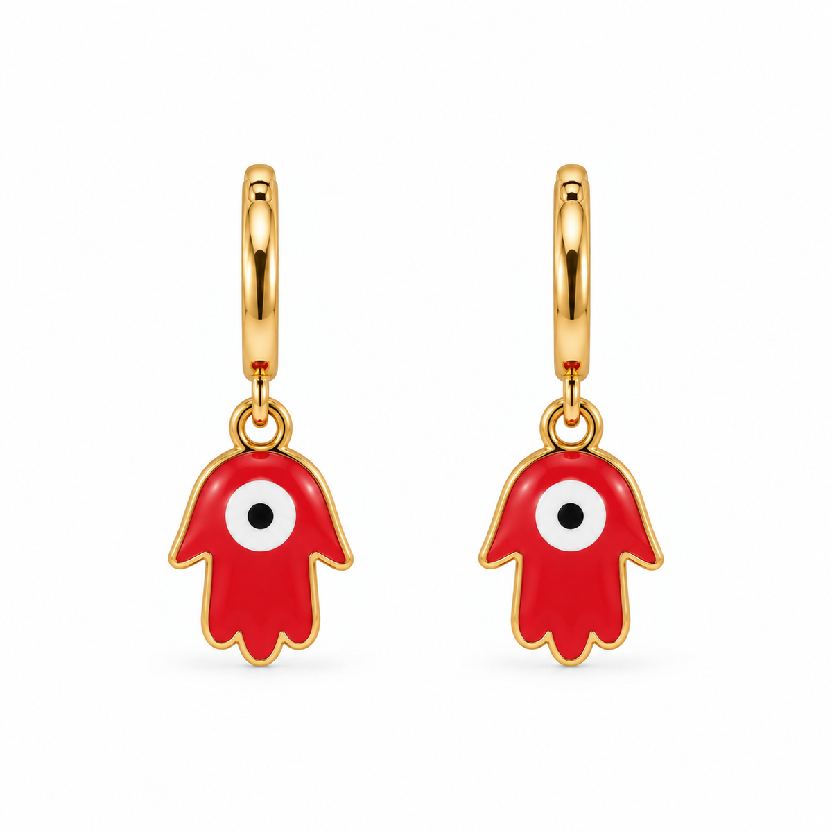 Aretes de Acero Dorado Mano Hamsa Roja con Ojo Turco para Protección