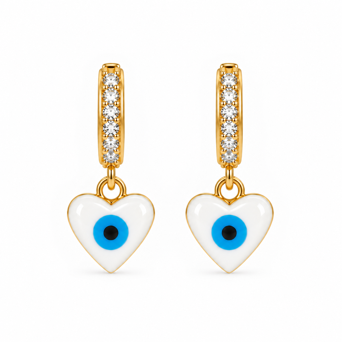 Aretes de Acero Dorado Ojo Turco Blanco en Forma de Corazón con Brillantes para Protección