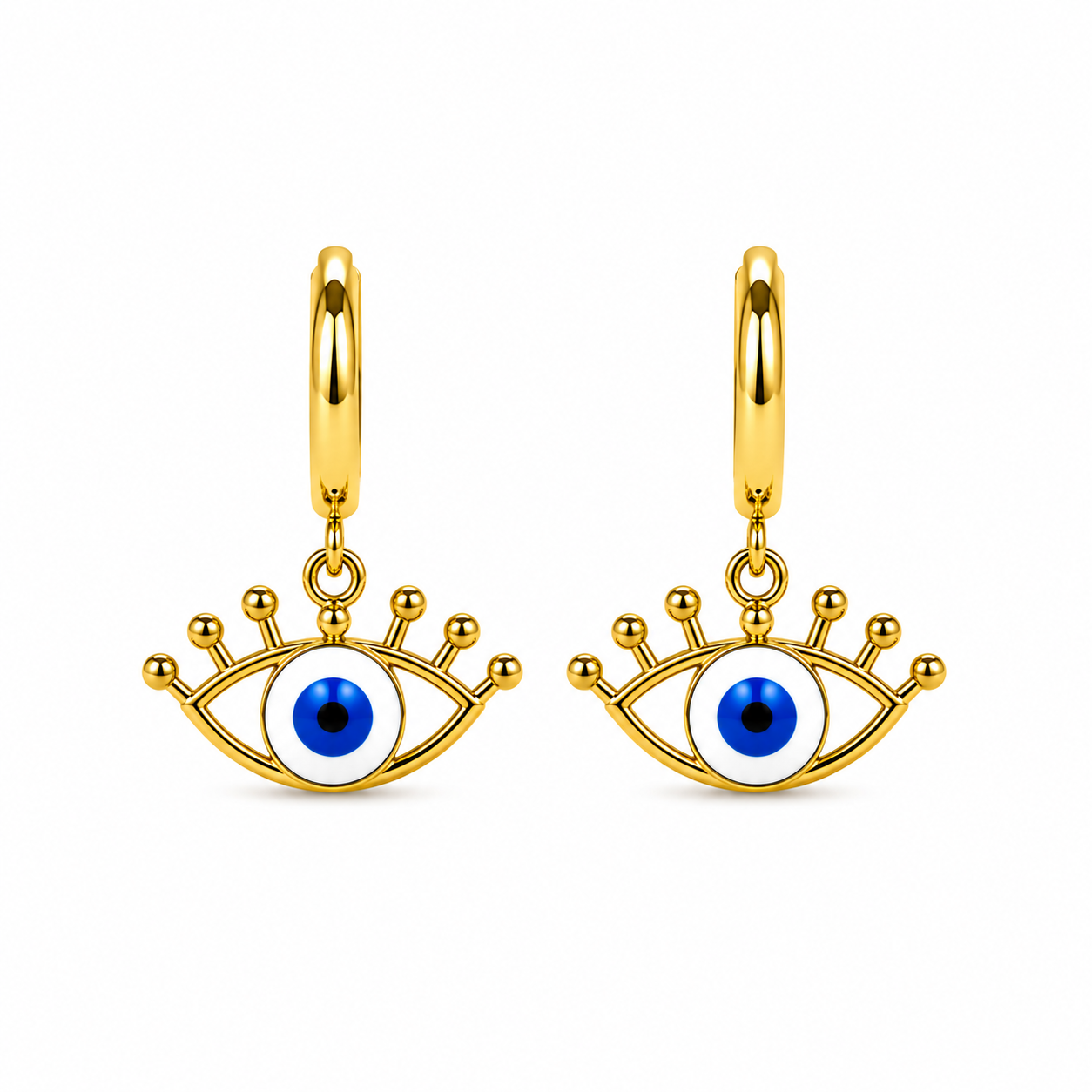 Aretes de Acero Ojo Turco Azul Dorado para Protección y Buenas Energías