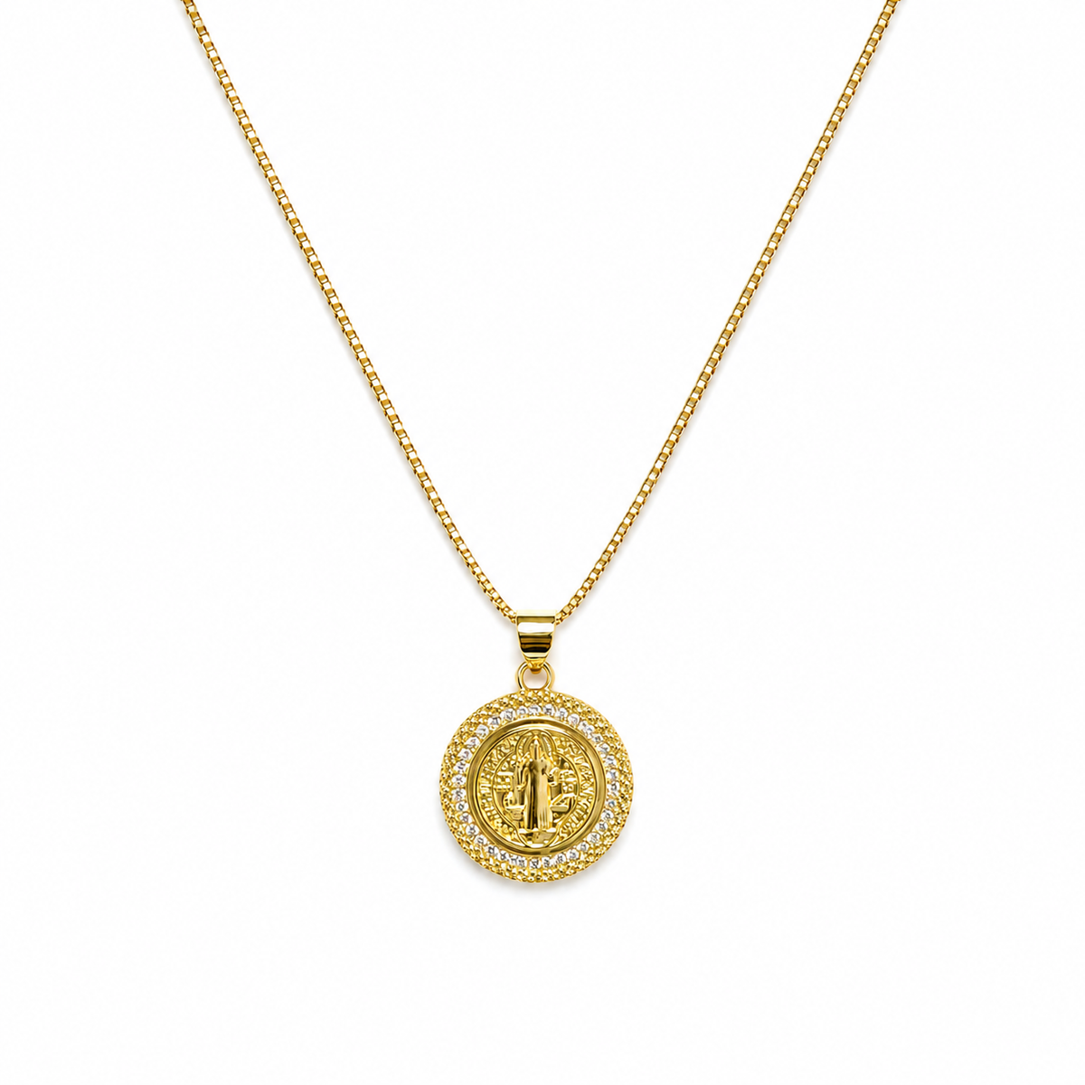 Collar de Acero Dorado con Medalla de San Benito