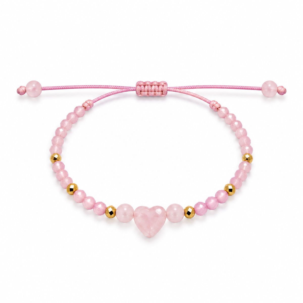 Pulsera Ajustable de Cuarzo Rosa con Corazón