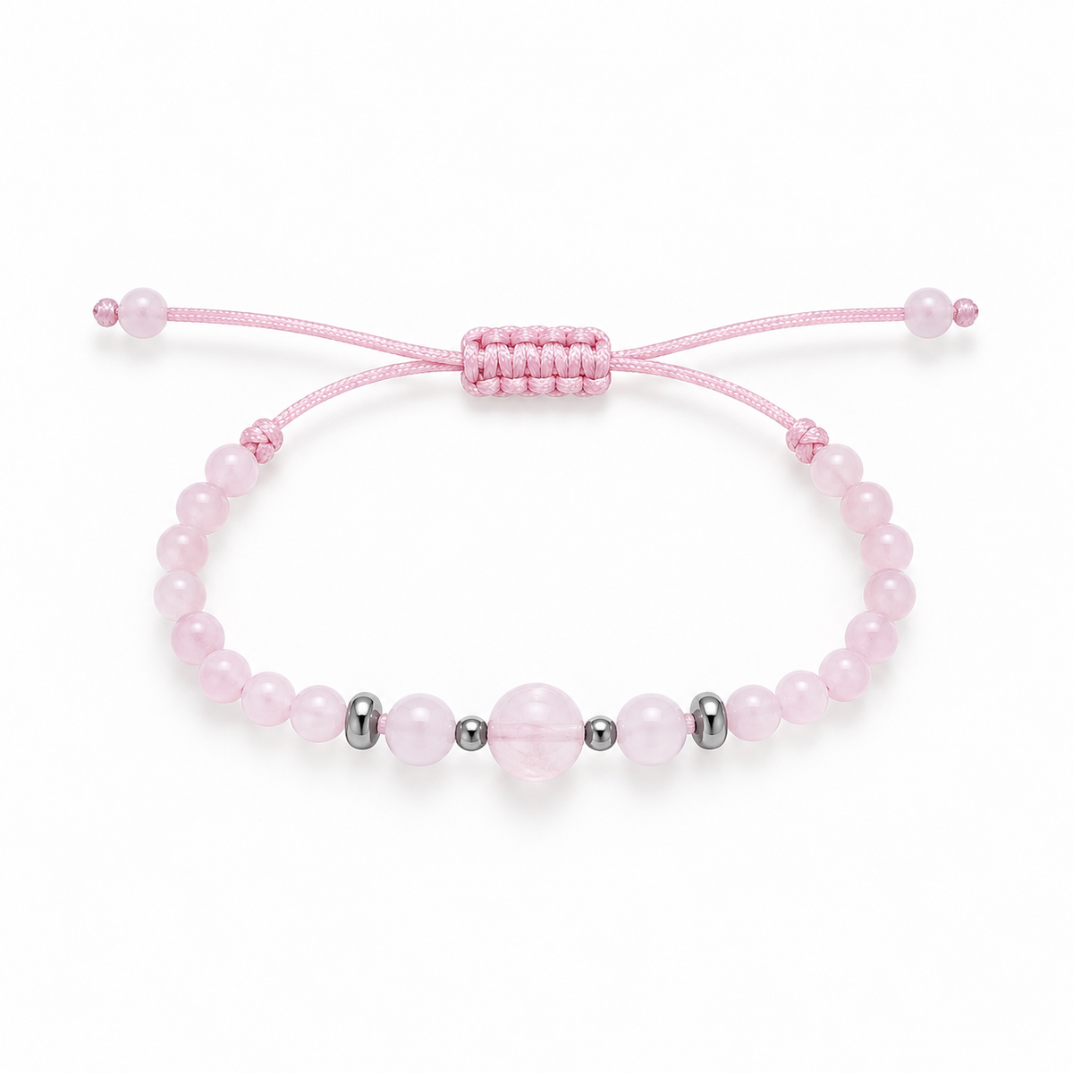 Pulsera Ajustable con Cuarzo Rosa y Detalles Plateados
