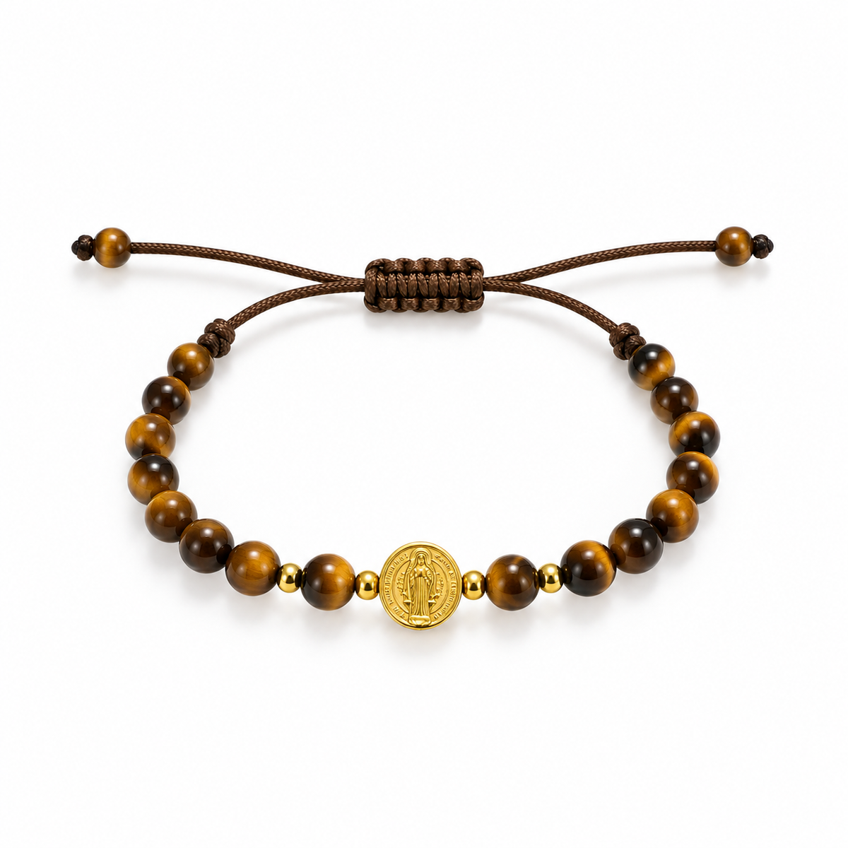 Pulsera Ajustable con Ojo de Tigre y Medalla de San Benito