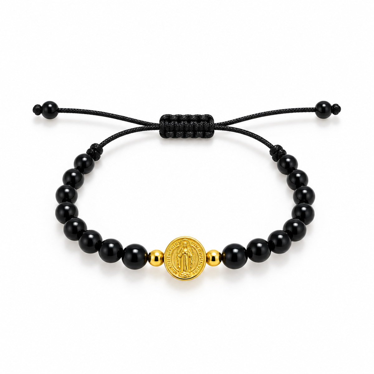 Pulsera Ajustable con Obsidiana y Medalla de San Benito
