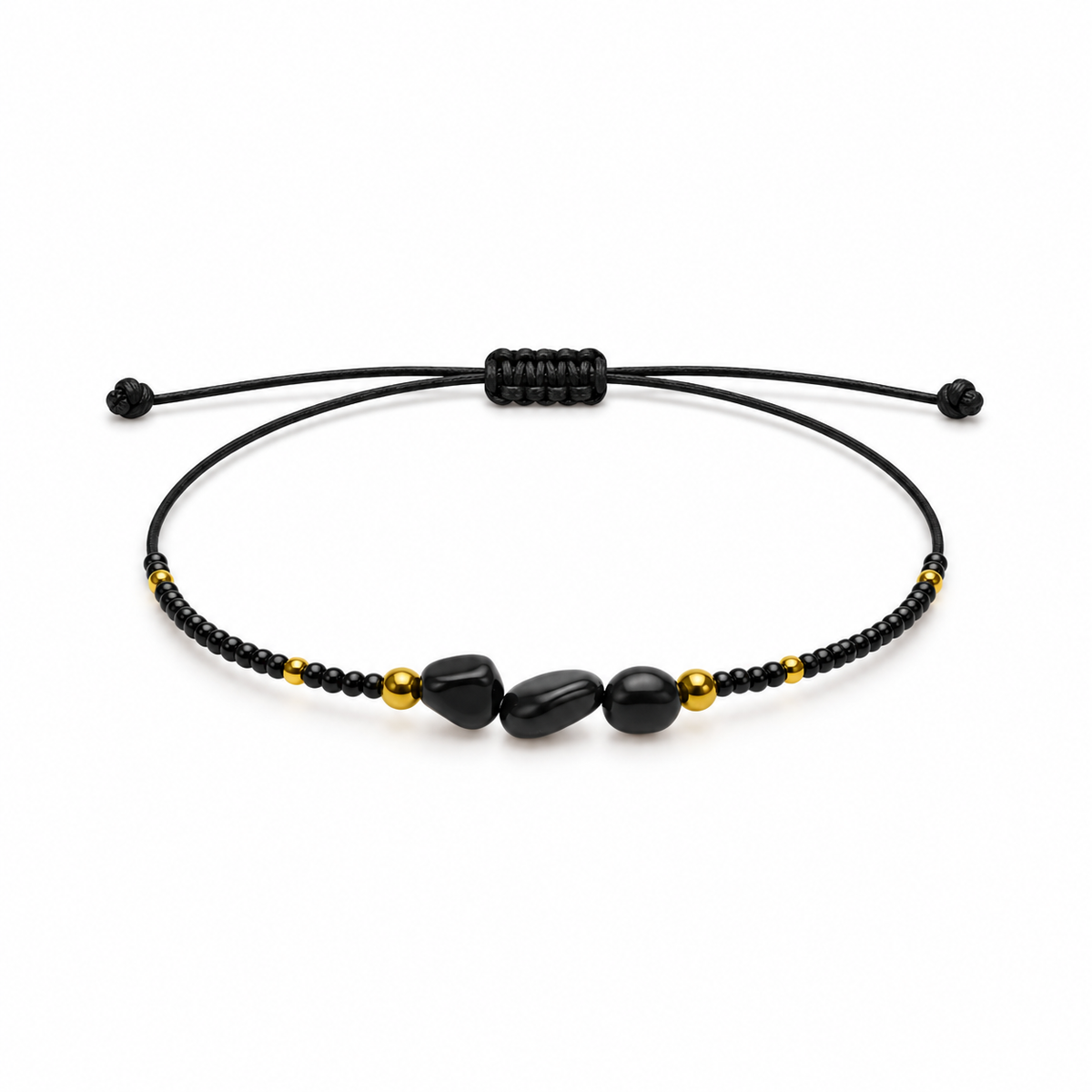 Pulsera Ajustable con Obsidiana y Mostacillas Negras