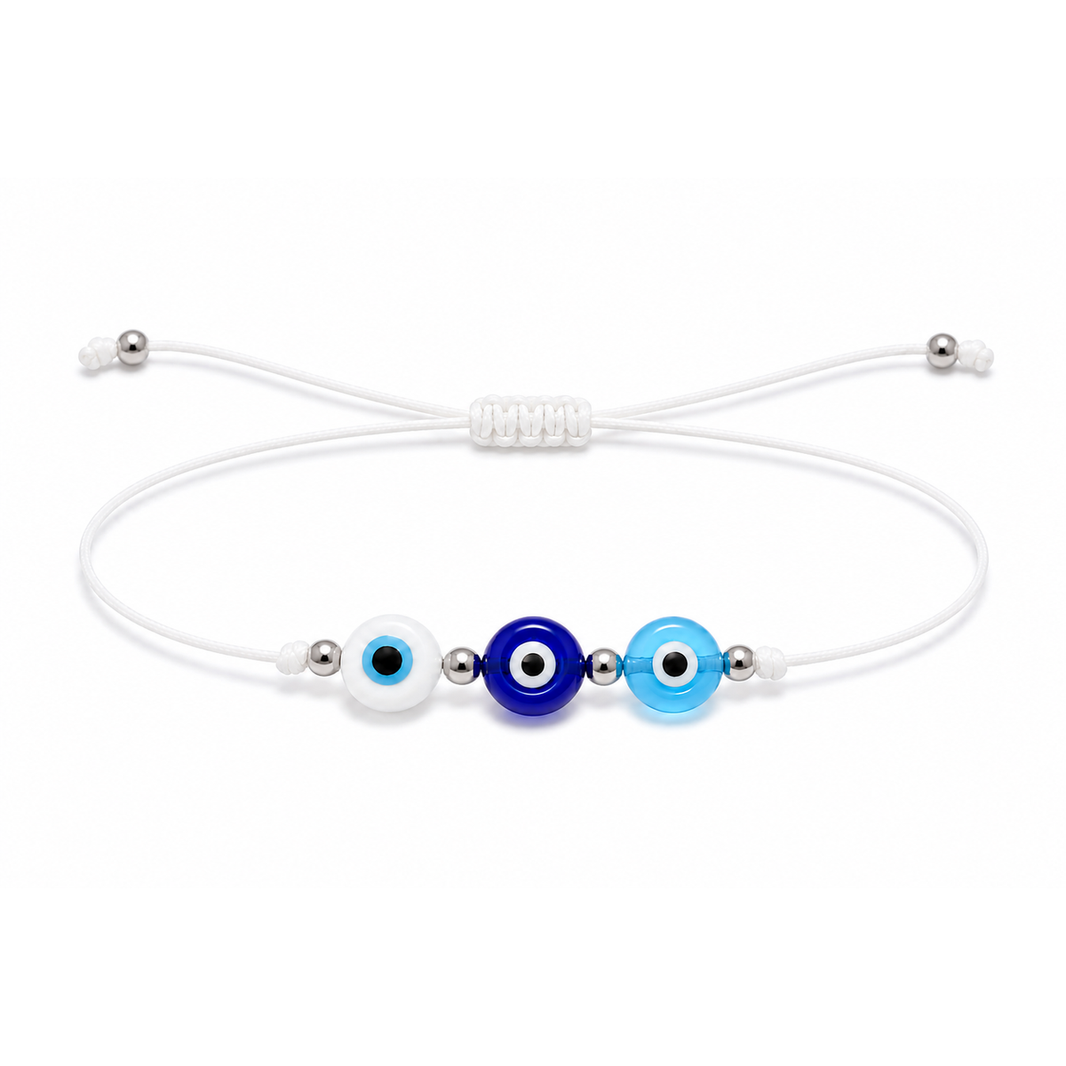 Pulsera Ajustable de Tres Ojos Turcos con Hilo Blanco – Amuleto de Protección y Armonía