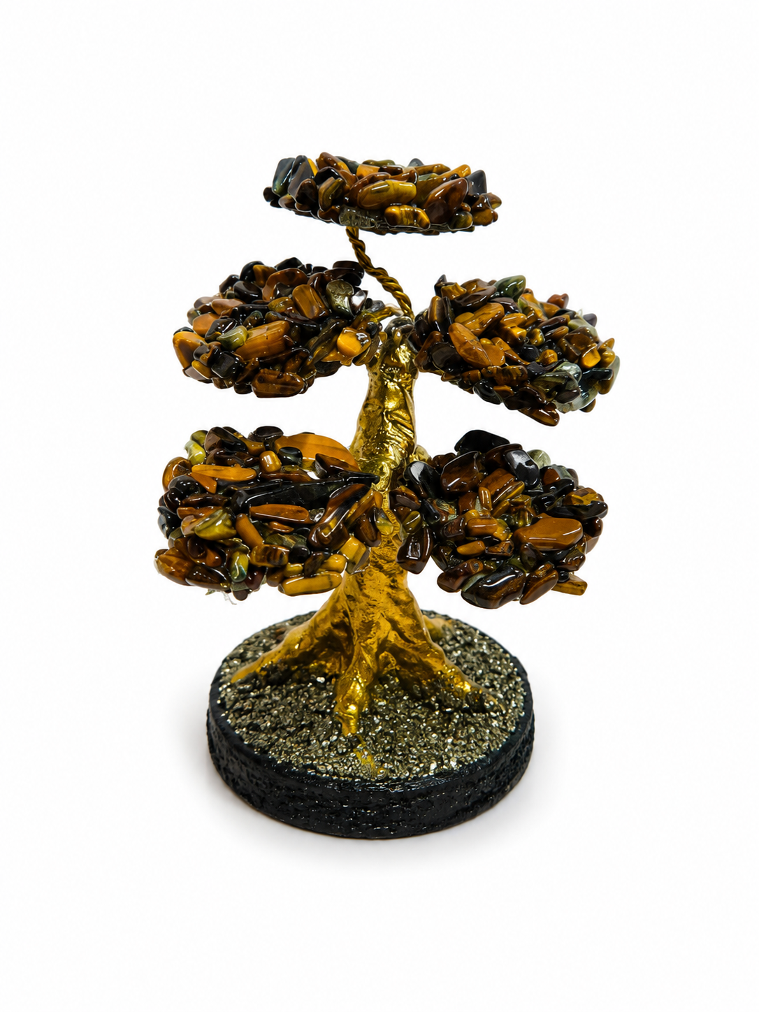 Árbol Mini de Ojo de Tigre Natural en Cascajos sobre Base de Pirita