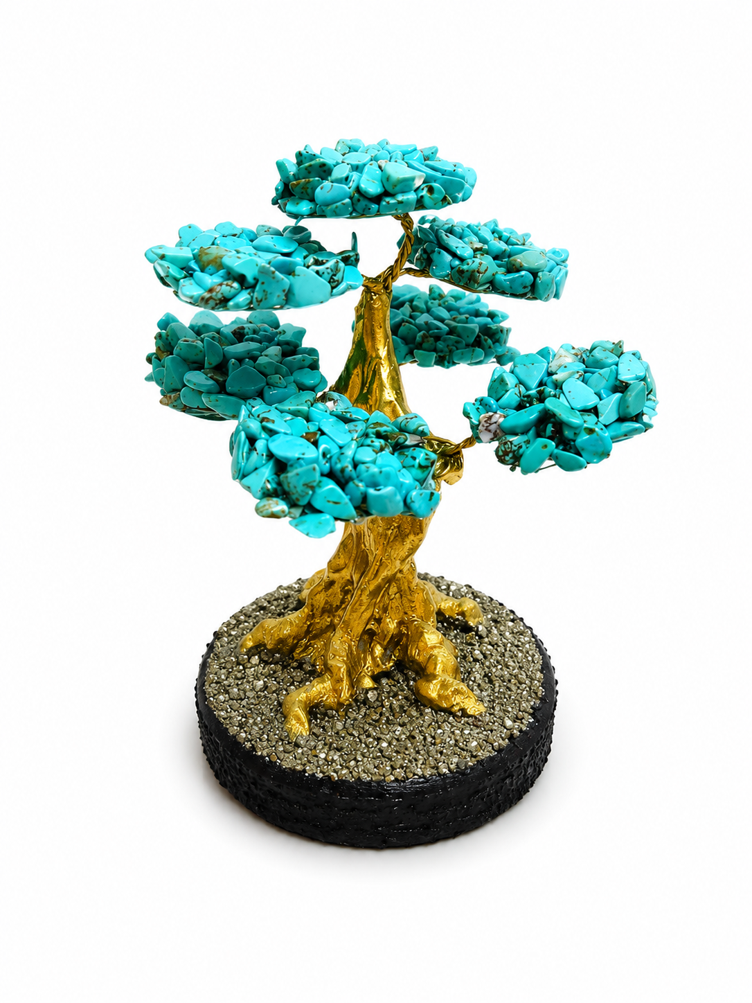Árbol Mini de Turquesa Natural en Cascajos sobre Base de Pirita